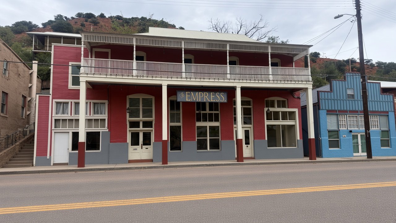 The Empress by day — full historic building façade with white balcony in Old Bisbee