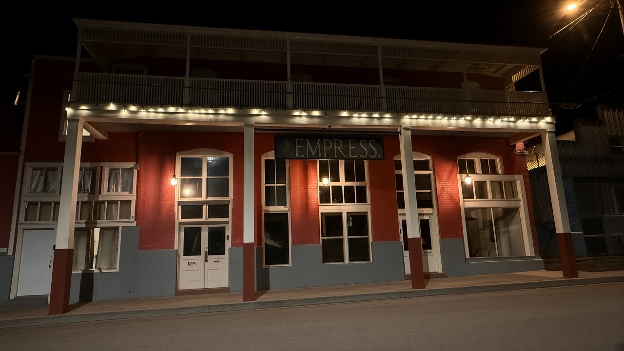 The Empress at night with string lights across the balcony